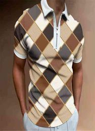 2022 Men Slim Polo Shirt Summer Fashion Plaid Patchwork Short Sleeve Tops For Casual Men039s Turndown Collar Zipup Polo Shirt2181709