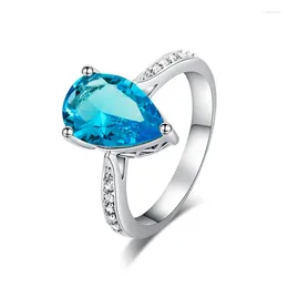 With Side Stones Little Pear 15mm Sky Blue Green Zircon 925 Sterling Silver For Women Ring US# Size #6 / #7 #8 #9 M03-J1805