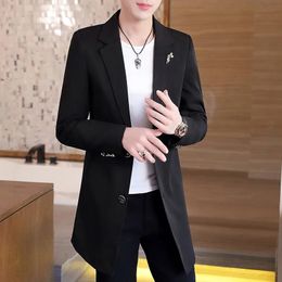 Mens Business Casual Fashion Urban Korean Trend Slim Solid Color Small Suit Jacket Spring blazers long dress coat 240430