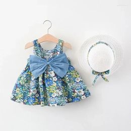 Girl Dresses Pastoral Princess Dress With Hat Baby Beach Clothes Children's Bow On Chest