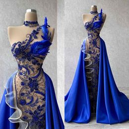 Elegant Column Prom Dresses One-Shoulder Detachable Sleeveless Lace Appliques Beading Flower Pattern Celebrity Evening Dresses Plus Size Custom Made L24668