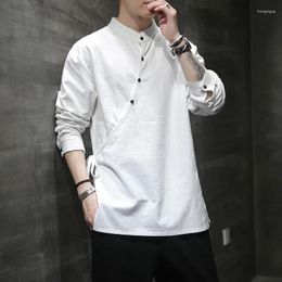 Men's Casual Shirts Mens Chinese Style Shirt Cotton Linen Tang Suit Hanfu Retro Stand-Up Collar Zen Clothes Harajuku Tops Men Clothing