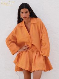 Clacive Casual Loose Orange Cotton 2 Piece Set Outfit 2024 Fashion Long Sleeve Shirt With High Waist Ruffle Shorts 240507