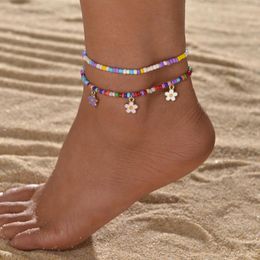 Anklets 2-piece Set Of Colourful Rice Beads Oil Droplets Small Flowers Double-layer Layered Women's Beach Ankles