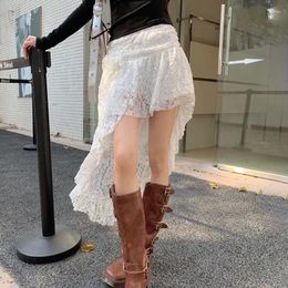 Skirts TARUXY Fashion Lace Skirt For Women Double-deck Irregular Sexy See Through White Patchwork Y2K Girl Summer Short