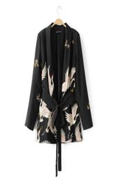 Fashion Women Red Crowned Crane printing Kimono style jacket Casual Long sleeve Coat Vintage Knotted belt Loose Tops C215 2011121413860