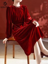 Casual Dresses BirdTree Real Silk Velvet Women Round Neck Long Sleeves Slim Elegant Temperament A-line Dress 2024 Spring D42276QD