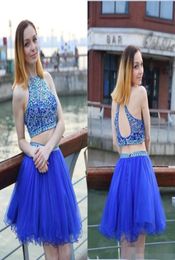 Short Homecoming Dresses Jewel Crystal Beaded Two Pieces Sexy Sleeveless Royal Blue Tulle Aline Cheap Cocktail Dresses Party7070955