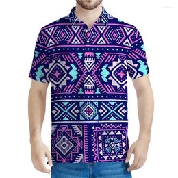 Men's Polos Vintage Aztec Tribal Pattern Polo Shirt For Men 3d Print Ethnic Totem Tee Shirts Tops Button Short Sleeve Casual Lapel Blouse