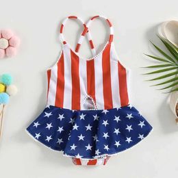 One-Pieces Kid Girls Romper Swimsuit Sleeveless V Neck Cutout Beach Pool Bodysuit Swimwear Short Romper for Independence Day H240508