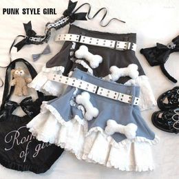 Skirts Women 90s Cute Plush Bone Lace Patchwork Mini Skirt Japanese Kawaii Lolita Cake Y2k High Waist A-line Shorts