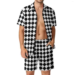 Men's Tracksuits Retro Plaid Men Sets Black And White Cheques Casual Shorts Fitness Outdoor Shirt Set Summer Hawaii Design Suit Oversize