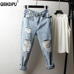 Women's Jeans Streetwear Light Blue Ripped Women Trendy Elastic Button High Waist Denim Pants Boyfriend