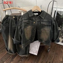 Clothing Sets 2-10Y Children's Fashion Spring And Autumn 2024 Baby Boys Girls Retro Frosted Coat Korean Loose Denim Two Piece Set Outfits