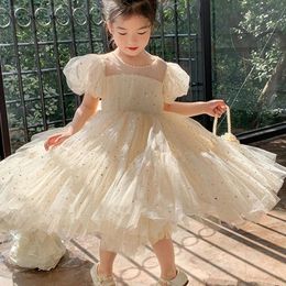 Girl Dresses Girl's Birthday Princess Dress Sweet Round Neck Sequin Patchwork Lace Short Bubble Sleeve Kids Clothing Elegant Summer