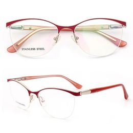 Retro Women Optical Glasses Frame for Cat Eye Eyeglass Prescription Metal Spectacles Red Tortoise Half Rim Eyewear 240423