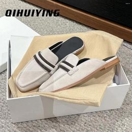 Slippers 2024 Arrival Shoes Woman Handmade Cow Suede Shallow Square-Toe Flat Heel Mules Slides Loafers Bota Feminina