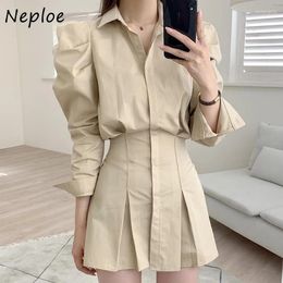 Casual Dresses Neploe Turn Down Collar Long Sleeve Dress Women High Waist Hip A Line Draped Vestidos Spring 2024 Solid Robe Slim