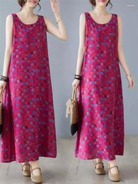 Casual Dresses 2024 Summer Retro Cotton And Linen Dress Women Print Round Neck Sleeveless Tank Top Mid Length K909