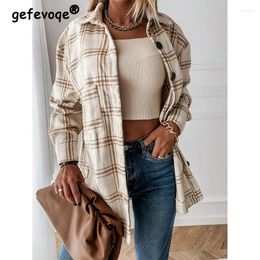 Women's Jackets Checked Printing Shirt Clothing 2024 Autumn And Winter Turn-down Collar Loose Medium Long Woolen Open Stitch Coat