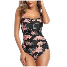 One Piece Sexy Slim Fit Large Size Swimwear Push Up Padded Bikini Swimsuit Solid Colour Floral Print Bathing Suit Women Monokini 240506