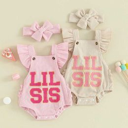 Rompers Newborn Infant Baby Girl Romper Bodysuit Ruffle Sleeve Backless Lil Sis Embroidery 1Piece Jumpsuit Summer Outfit H240508