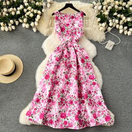 Casual Dresses Clothland Sweet Floral Midi Dress Belt Zipper Sleeveless High Waist One Piece Retro Vintage Pink Black Mid Calf QD528