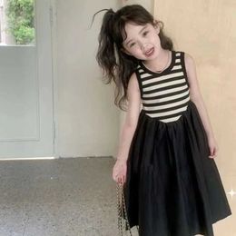 Girl's Dresses Summer Childrens Girl Princess Dress Korean Style Foreign Stripe Dress Girl Patch Work Knitted Fashion Tank Top DressL240508