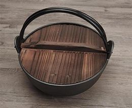 cast iron saucepan with wood cover and handle thickened non stick pan Japanese traditional old thick iron pot soup pot L25 H8 5CM 3131931