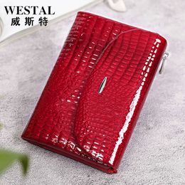 WESTAL genuine leather womens wallet patent leather womens fashion handbag top layer cowhide crocodile pattern zero wallet