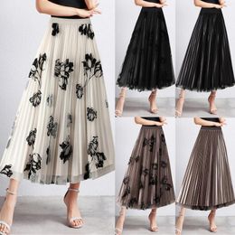 Skirts Women Floral Tulle Skirt Mid Length Pleated Swing Dance Party A-Line High Waist Female Chic Streetwear 2024 Spring