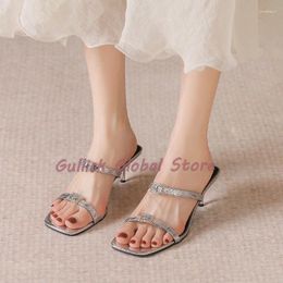 Slippers 2024 Arrival Slides Square Toe Narrow Band Metal Decoration Stiletto Summer Dress Casual Outside Comfortable Sexy