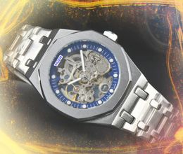Mens Stylish Hollow Skeleton Watches 43mm day date stainless steel clock automatic mechanical movement chain bracelet Watch gifts