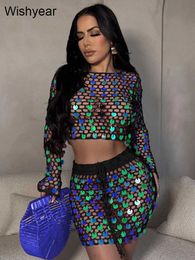 Two Piece Dress Sexy Beach Sequin Knit Hollow Out Crochet Two 2 Piece Set Women Crop Tops and Mini Skirt Vacation Matching Suit Nightclub Outfit Y240508