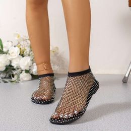 2024 Summer Women's New Round Toe Sandals Hollow Short Water Rhinestone Sexy Flat Bottom Shoes