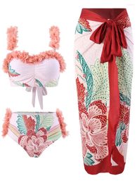 Women's Swimwear Split Lace Up Bikini & Beach Skirt 2024 Women 3 Piece Vintage Print Push Female Bathing Swimming Swimsuit