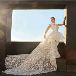 Detachable Neck Sequins Dresses With Train High Tiered Appliqued Mermaid Wedding Dress Custom Made Modern Bridal Gowns
