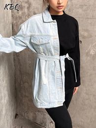 Women's Jackets KBQ Streetwear Denim For Women Lapel Long Sleeve Spliced Lace Up Asymmetrical Casual Slimming Jacket Female Fashion