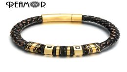 REAMOR Luxury Stainless Steel Black Zircon Gold Beads Charm Bracelets For Men Handmade Genuine Leather Braided Bangle Jewellery 21034529130