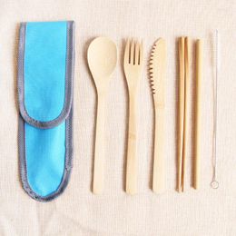 Dinnerware Sets 1 Set Eco-Friendly Bamboo Travel Cutlery Fork Knife Spoon Chopsticks Straw Portable Carrying Bag With Carabiner