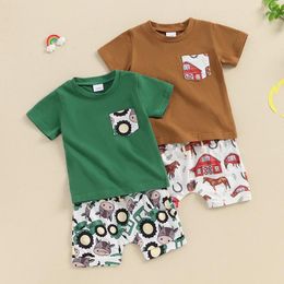 Clothing Sets Toddler Baby Boys Summer Outfits Casual Short Sleeve T-Shirts Tops Truck Print Elastic Waist Shorts 2Pcs Clothes Set