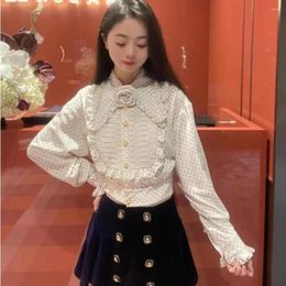 Women's Blouses Wood Ear Edge Doll Collar Dot Print Flip Women Sweet Fashionable Embellishments Short Blouse 2024 Spring Korean