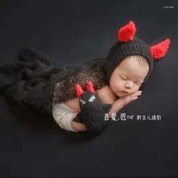 Blankets Devil Crochet Baby Mohair Bonnet Wrap Set With Toy Hand Knitted Pography Props Born And