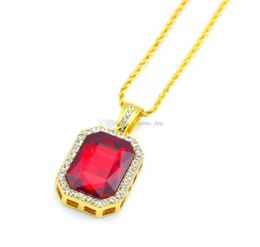 Hip hop Jewellery Square Ruby sapphire Red Blue Green Black White gems crystal pendant Necklace 24 inch Gold Chain For Men Fashion J2226624