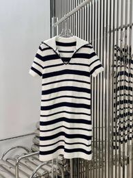 Party Dresses 2024 Spring Summer Black And White Striped Letter Embroidered V-neck Knitted Hollow Short Sleeve Woman Midi Dress Skirt