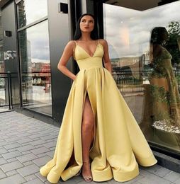 Red Evening Dresses Formal 2020 High Front Split Pockets Yellow Sky Blue Orange Dubai Arabic Occasion Prom Party Gown vestido de n5494096