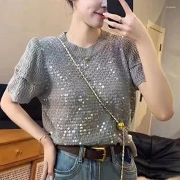 Women's T Shirts 2024 Spring Summer Thin Sweet Sequin Double Layer Edge Bubble Short Sleeve Knitted Shirt Harajuku Sweater Grey T-Shirts