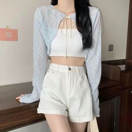 Sommar ny anlänt design cardigan kvinnor fast färg snörning långärmad tunn solskyddsmedel kort yttre kontor koreansk stil mode mångsidig casual outwear kvinna