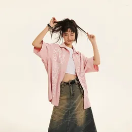 Women's Blouses NELLARGEL Spring Womens Print Harajuku Fashion Tops And 2024 Cotton Korean Style Short Sleeve Shirts Y2k Pink Shirt