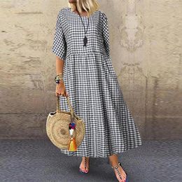 Party Dresses Dating Maxi Dress Stylish Check Print For Women A-line Silhouette Pleated Design Short Sleeves Commuting